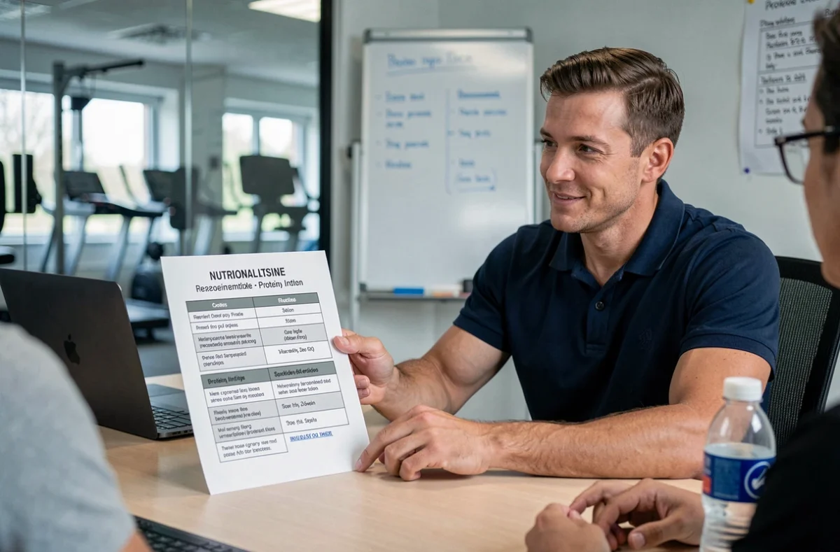 Coach sportif expliquant les apports en protéines recommandés à un client lors d'une consultation nutritionnelle en salle de sport