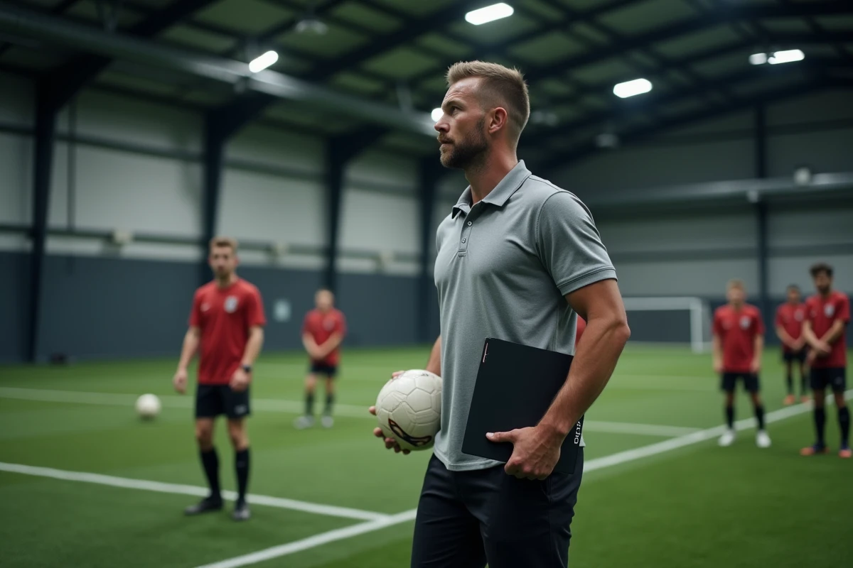Entraîneur de football expliquant des exercices techniques à ses joueurs lors d'une session d'entraînement en salle sur terrain synthétique