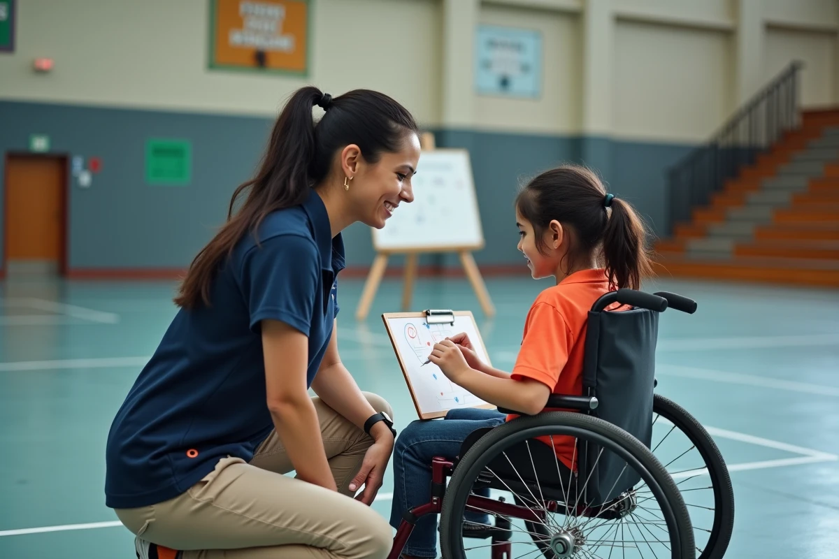 Entraîneuse accompagnant une jeune athlète en fauteuil roulant lors d'une séance de para-sport en gymnase, symbole d'inclusion et d'égalité dans le sport