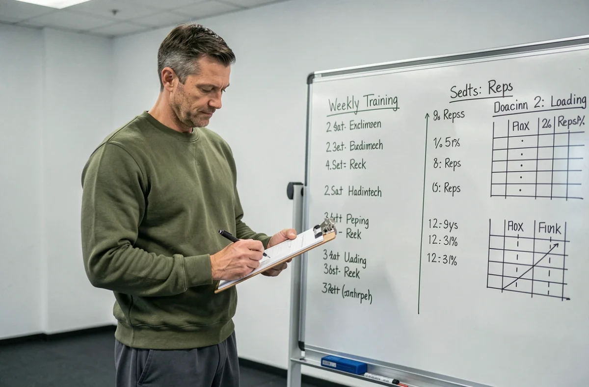 Coach sportif analysant un programme de musculation structuré devant un tableau blanc en salle de sport