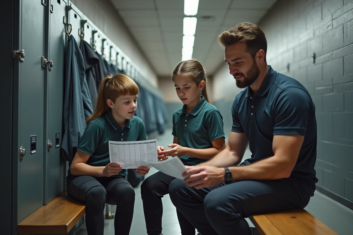 Deux adolescents de 13 ans recevant des conseils d'un coach sportif dans une salle de sport communautaire