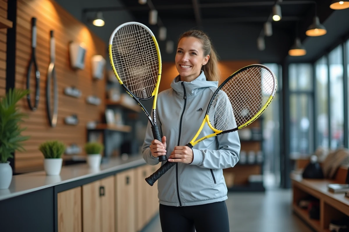 Coach de tennis comparant deux raquettes de poids différents dans un magasin de sport