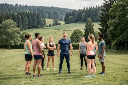 Un coach sportif professionnel entraîne un groupe d'adultes en plein air dans un parc verdoyant du Doubs, avec les forêts et collines de Franche-Comté en arrière-plan