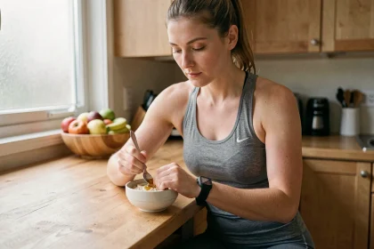 Femme sportive préparant une collation d'avoine et banane avant l'entraînement dans une cuisine moderne