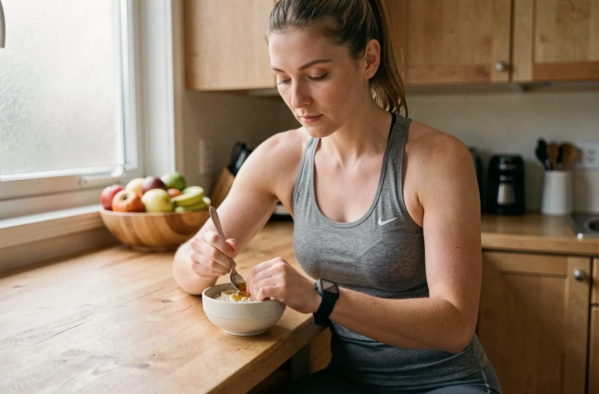 Femme sportive préparant une collation d'avoine et banane avant l'entraînement dans une cuisine moderne