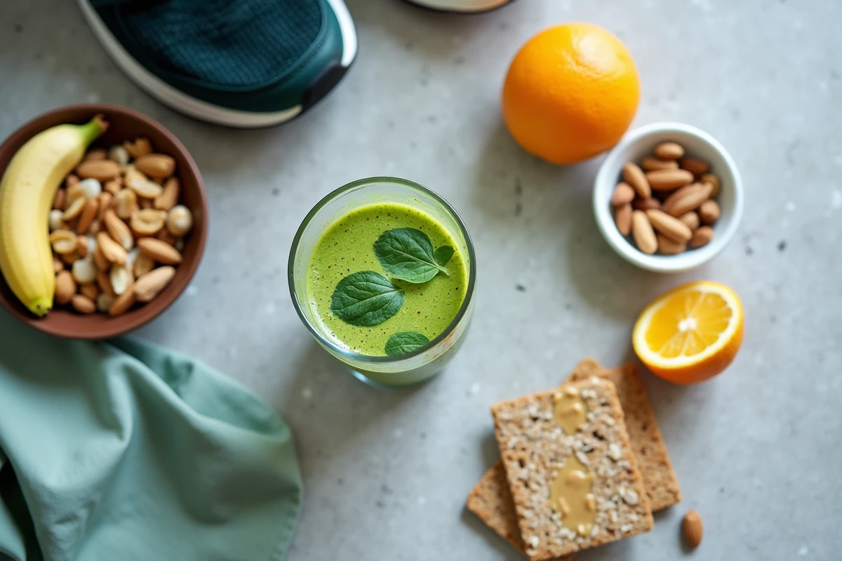 Vue aérienne d'un repas complet avant le sport avec smoothie, fruits secs et galettes de riz sur un comptoir en pierre