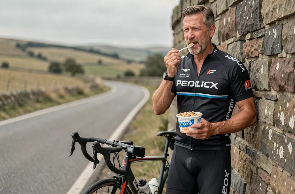 Cycliste masculin consommant un yaourt grec et granola comme collation avant une sortie vélo à la campagne