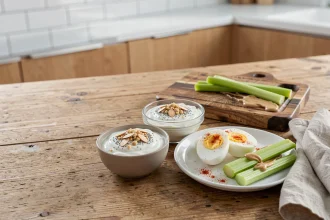 Assiette de collations protéinées maison avec yaourt grec, œufs durs et beurre de cacahuète sur un plan de travail en bois