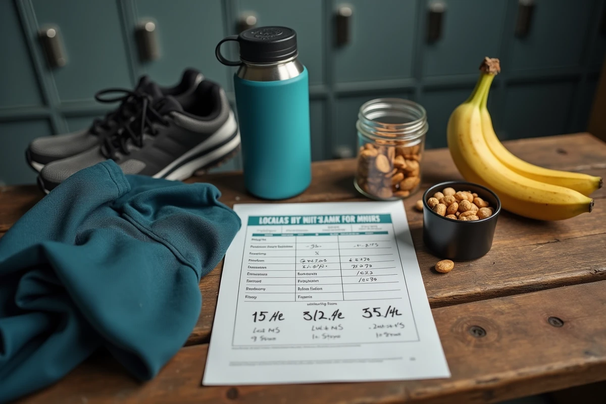 Collation naturelle et plan nutritionnel d'un sportif contrôlant sa consommation de sucre posés sur un banc de vestiaire de salle de sport