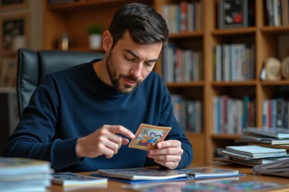 Collectionneur de cartes examinant une carte rare en 2026 dans son bureau à domicile