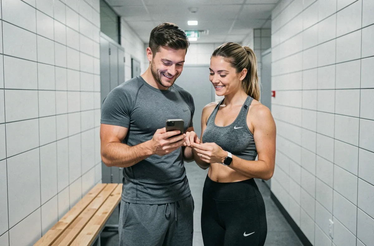 Deux sportifs analysant des photos avant-après de musculation sur smartphone pour évaluer leur évolution physique mensuelle