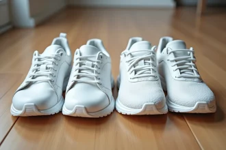 Comparaison entre une paire de baskets en cuir blanc et des chaussures de running techniques posées côte à côte sur un parquet en bois