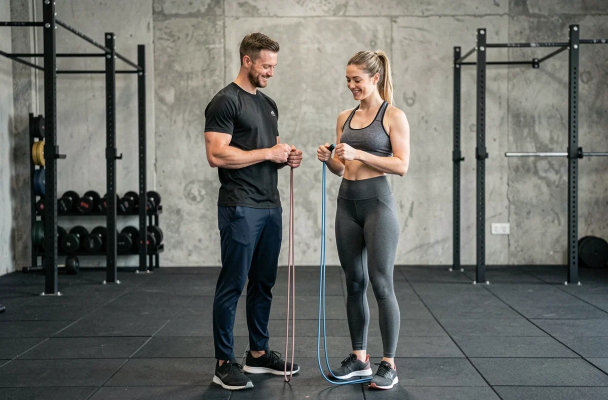 Deux sportifs comparant la longueur de deux cordes à sauter de tailles différentes dans une salle de CrossFit