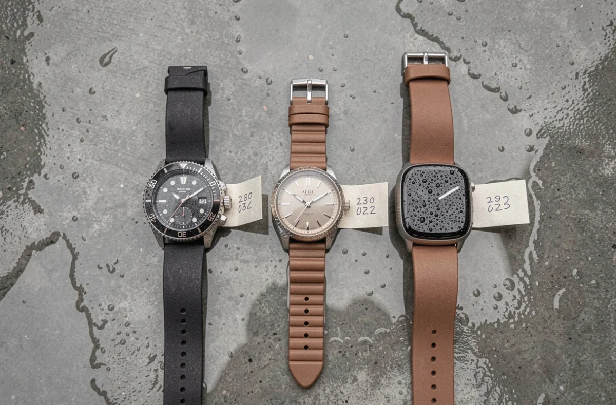 Comparaison de trois montres avec différents niveaux d'étanchéité posées sur une surface en béton mouillé