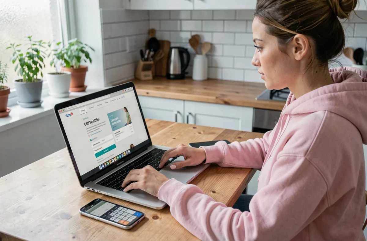 Une femme compare les offres d'abonnement premium Basic Fit sur son ordinateur portable depuis chez elle