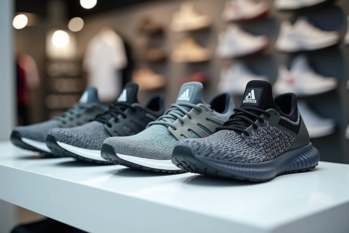 Trois paires de chaussures de sport différentes alignées sur une étagère de magasin, représentant trail, basketball et training
