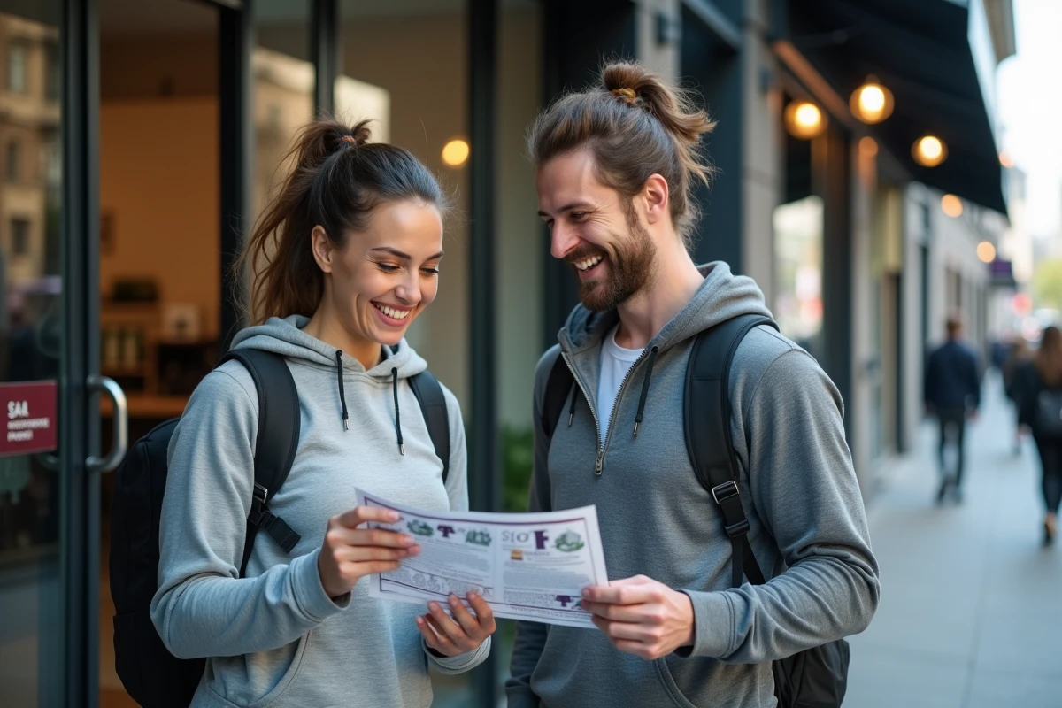 Deux amis comparant des offres d'abonnement de salle de sport devant une enseigne fitness en ville