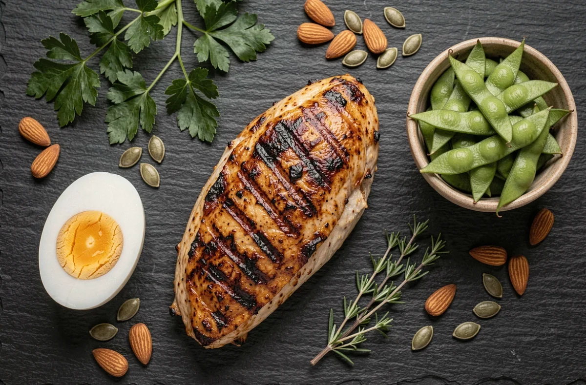 Composition de vue du dessus d'aliments riches en protéines incluant poulet grillé, œufs, edamame et amandes sur ardoise