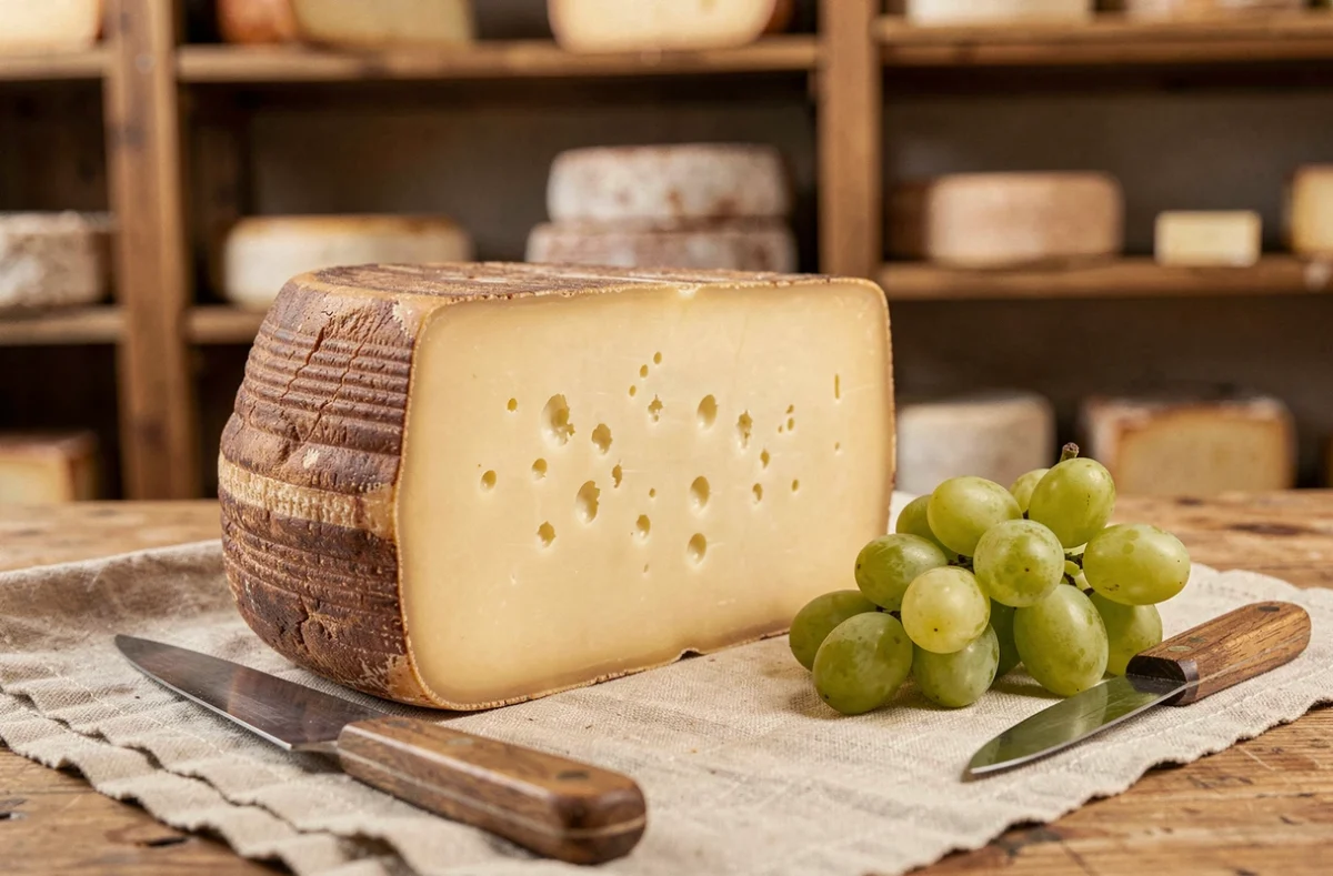 Morceau de comté avec sa croûte naturelle et sa pâte ivoire sur un linge rustique