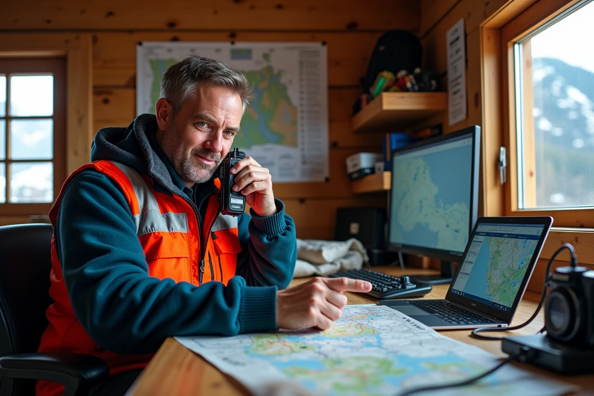Coordinateur du secours en montagne dans une salle de coordination en chalet alpin, parlant à la radio devant des cartes et un ordinateur GPS