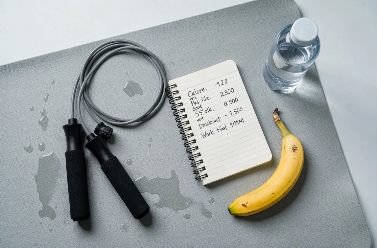 Corde à sauter, carnet de calories et bouteille d'eau posés sur un tapis de yoga après l'entraînement