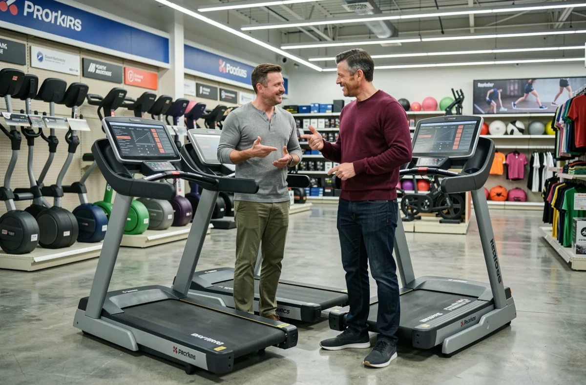 Couple comparant deux modèles de tapis de course dans un magasin de sport