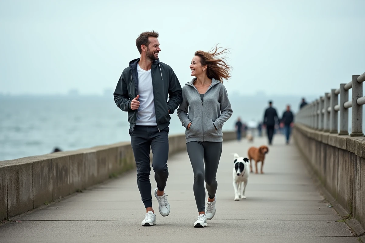 Couple d'adultes qui marche rapidement en bord de mer en tenue de sport pour reprendre une activité physique après des années d'inactivité