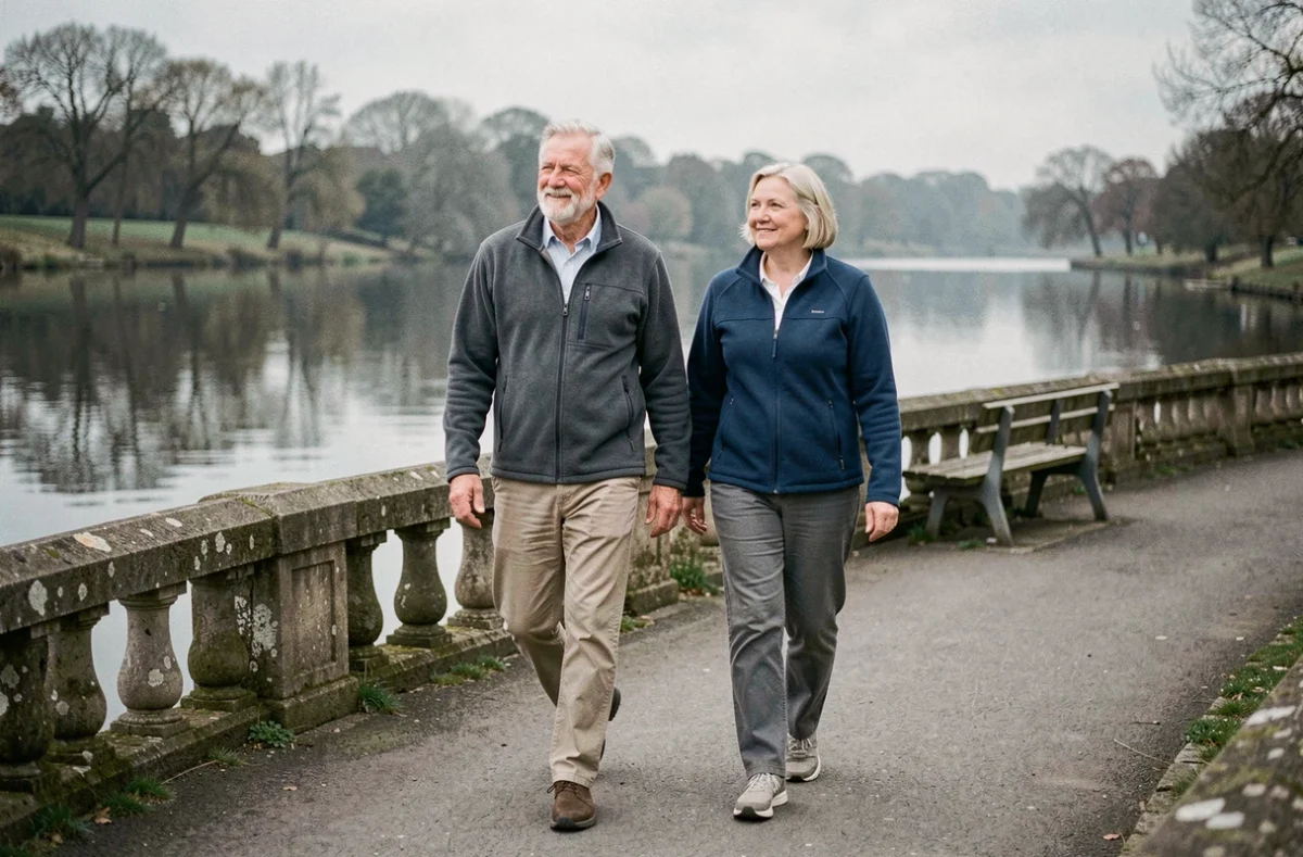 Couple de seniors marchant tranquillement 1 km le long d'un chemin au bord de l'eau