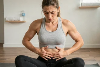 Femme assise sur un tapis de yoga tenant ses abdominaux douloureux après l'effort