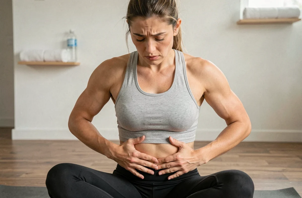 Femme assise sur un tapis de yoga tenant ses abdominaux douloureux après l'effort