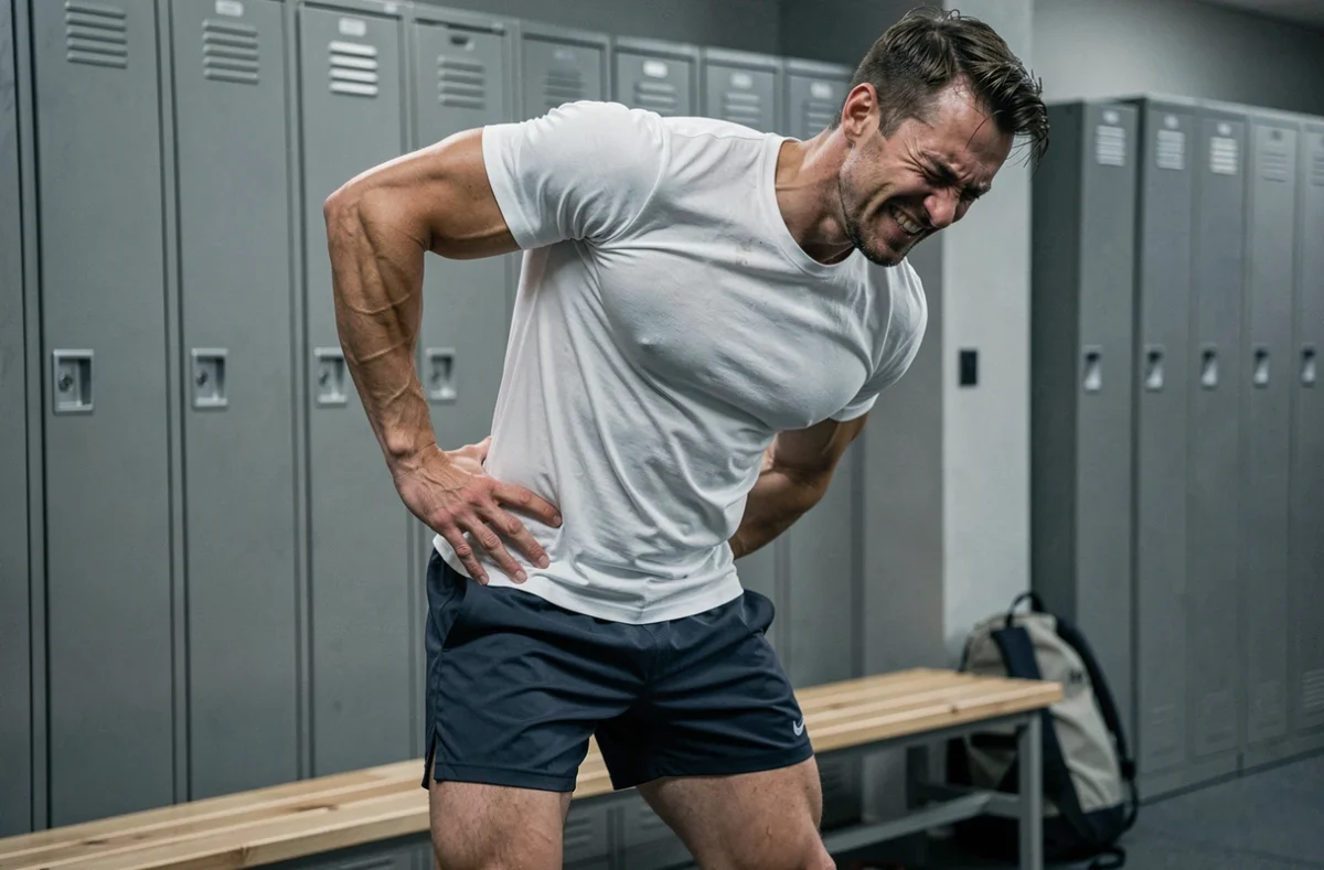 Homme dans un vestiaire de salle de sport souffrant de courbatures aux abdominaux après l'entraînement
