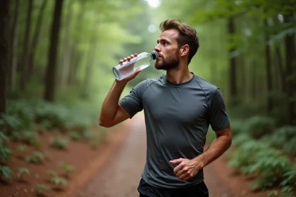 Coureur qui boit de l'eau sur un sentier forestier après un effort de course à pied