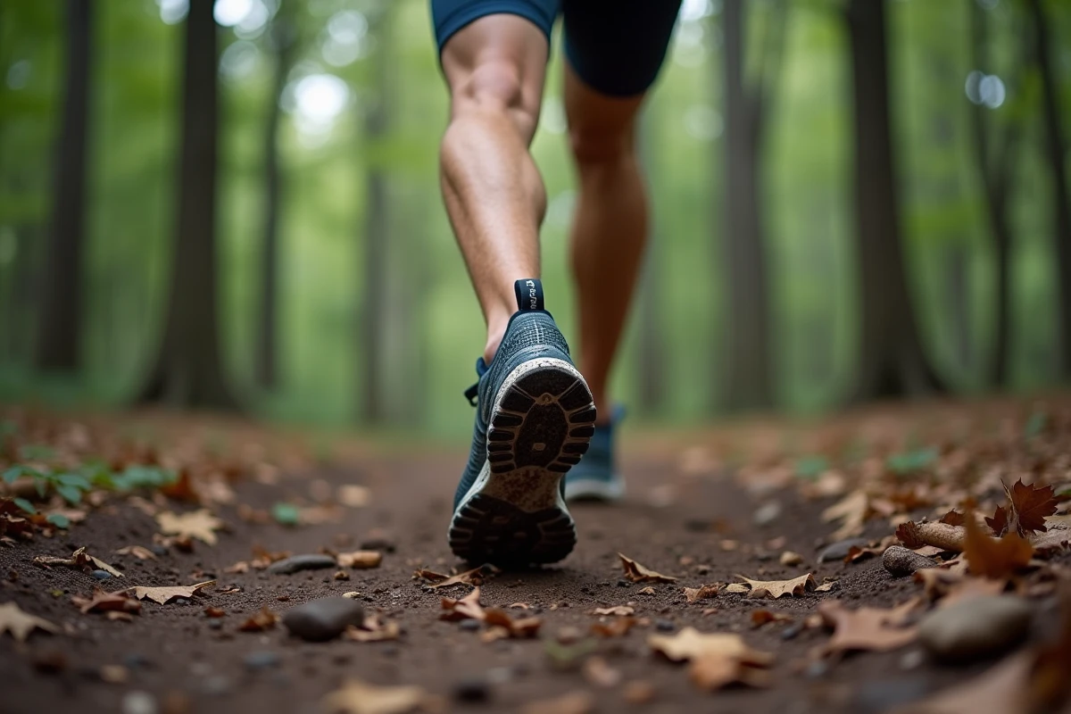 Coureur en chaussures de trail techniques sur un sentier forestier, illustrant la performance des chaussures de sport spécialisées