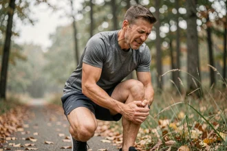 Coureur masculin tenant son genou douloureux sur un sentier de course en forêt