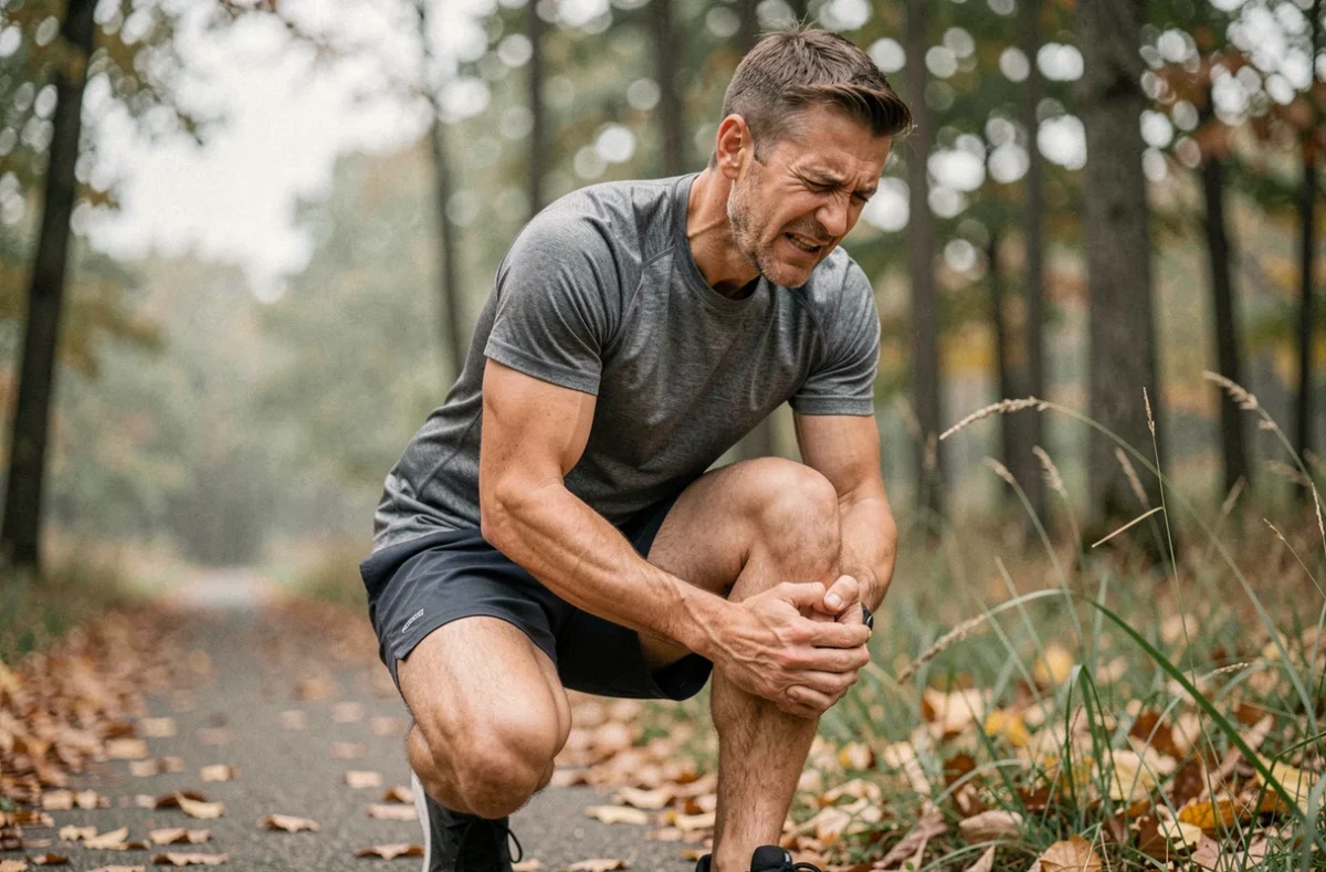 Coureur masculin tenant son genou douloureux sur un sentier de course en forêt