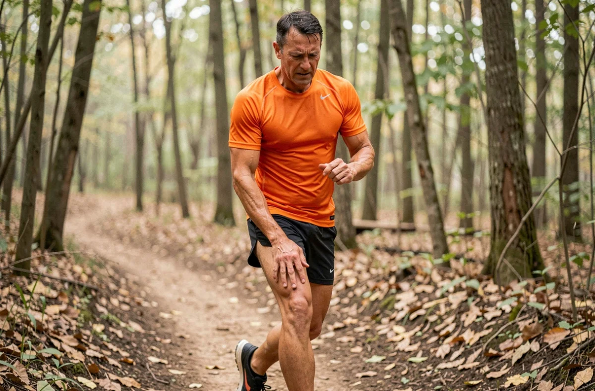Coureur sur sentier forestier ralentissant en raison d'une douleur au genou interne pendant l'effort