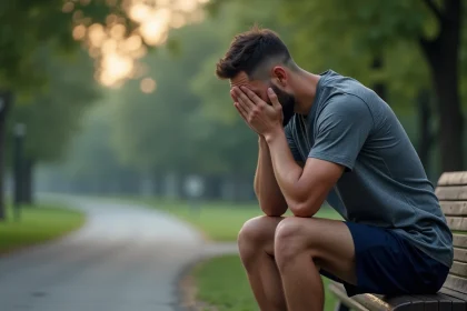 Coureur épuisé assis sur un banc de parc à l'aube, les mains sur le visage, illustrant les dangers de courir avec un manque de sommeil