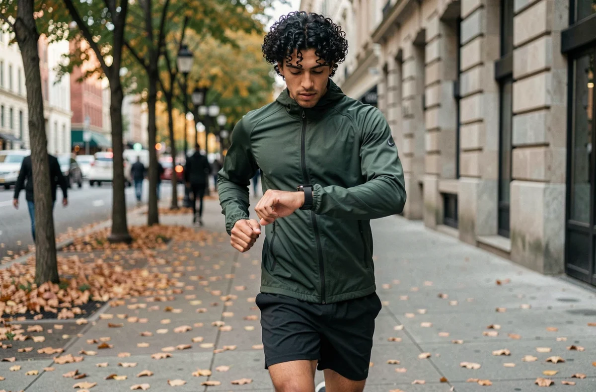 Coureur vérifiant ses données sportives sur sa montre connectée en ville