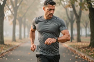 Coureur en ville consultant sa montre GPS affichant son allure en min/km lors d'un entraînement matinal
