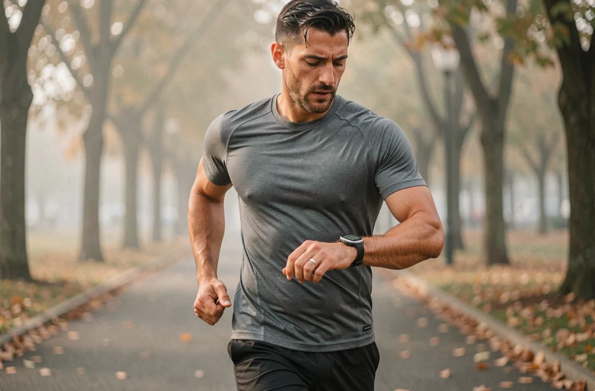 Coureur en ville consultant sa montre GPS affichant son allure en min/km lors d'un entraînement matinal