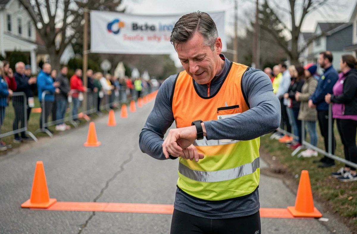 Coureur masculin consultant sa montre GPS après avoir franchi la ligne d'arrivée d'une course 10 km en milieu urbain