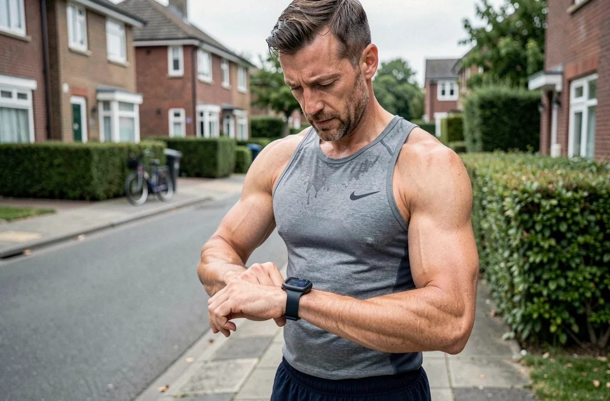 Coureur masculin consultant sa montre GPS lors d'un entraînement 10 km dans un quartier résidentiel