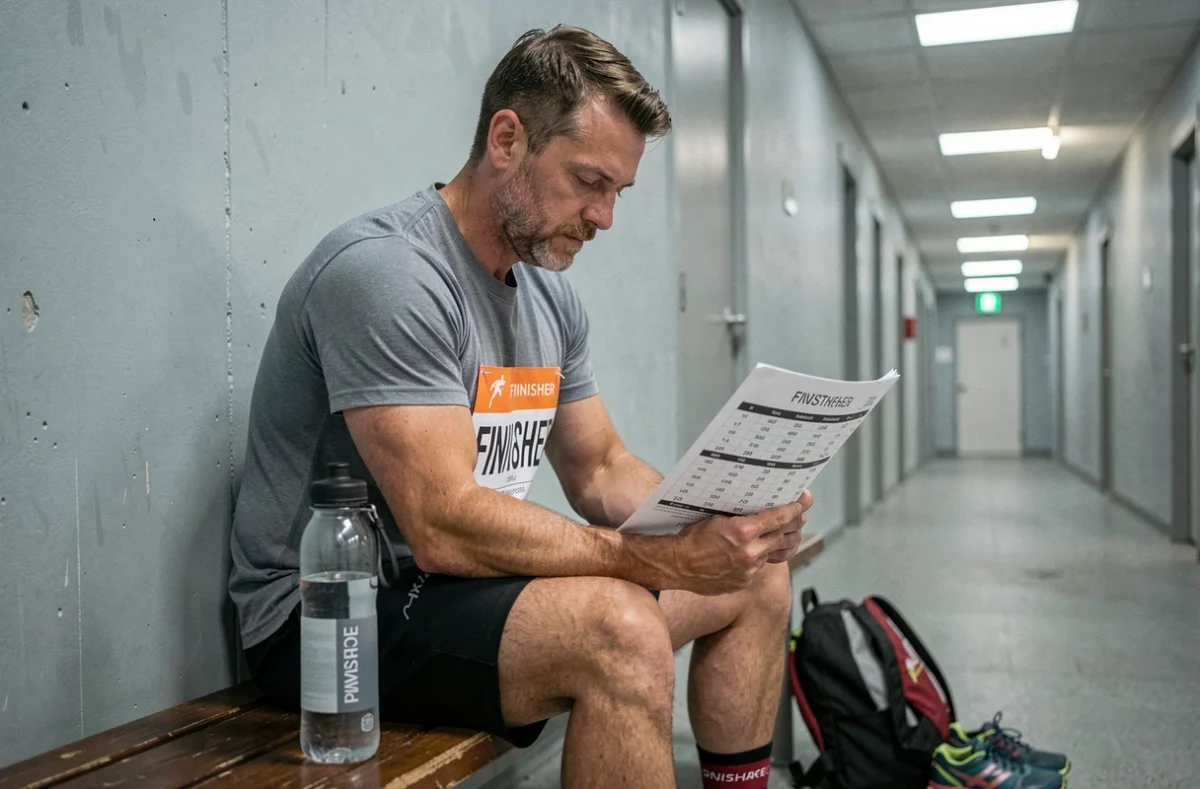 Coureur analysant ses résultats de course 10 km assis dans un couloir de salle de sport après la compétition
