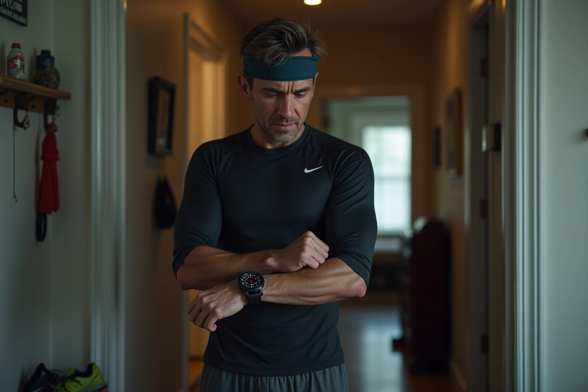 Coureur debout dans son couloir d'entrée à 4h47 du matin avec un masque de sommeil sur le front, regardant sa montre de sport, illustrant le dilemme de courir après une nuit courte