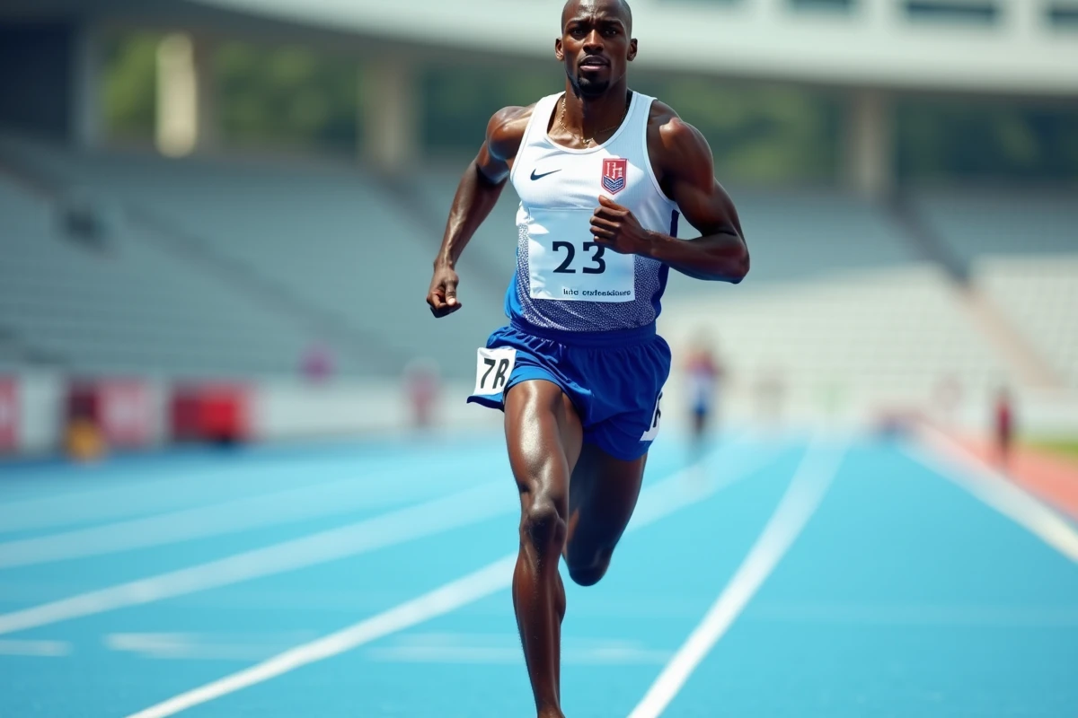 Athlète sprinter masculin en pleine course à grande vitesse sur une piste d'athlétisme professionnelle bleue