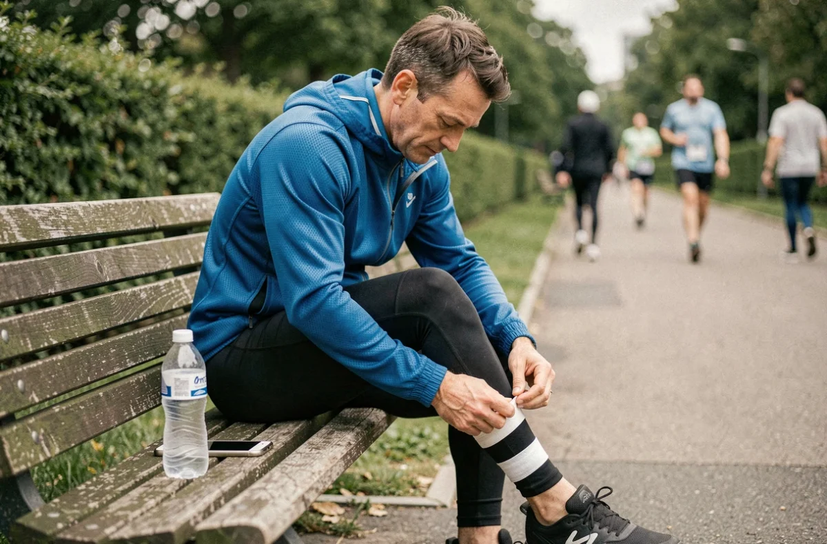 Coureur appliquant un bandage de strapping sur son genou sur un banc de parc urbain