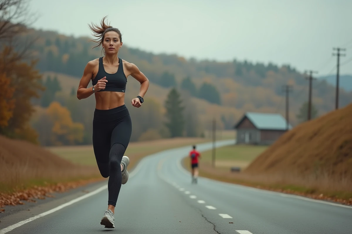 Coureuse de fond en plein effort sur une route rurale illustrant les besoins en glucides pour l'endurance