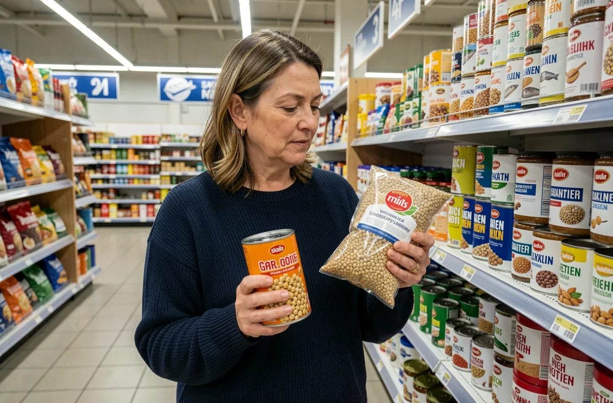 Femme comparant des aliments protéinés en rayon supermarché, tenant des conserves de légumineuses