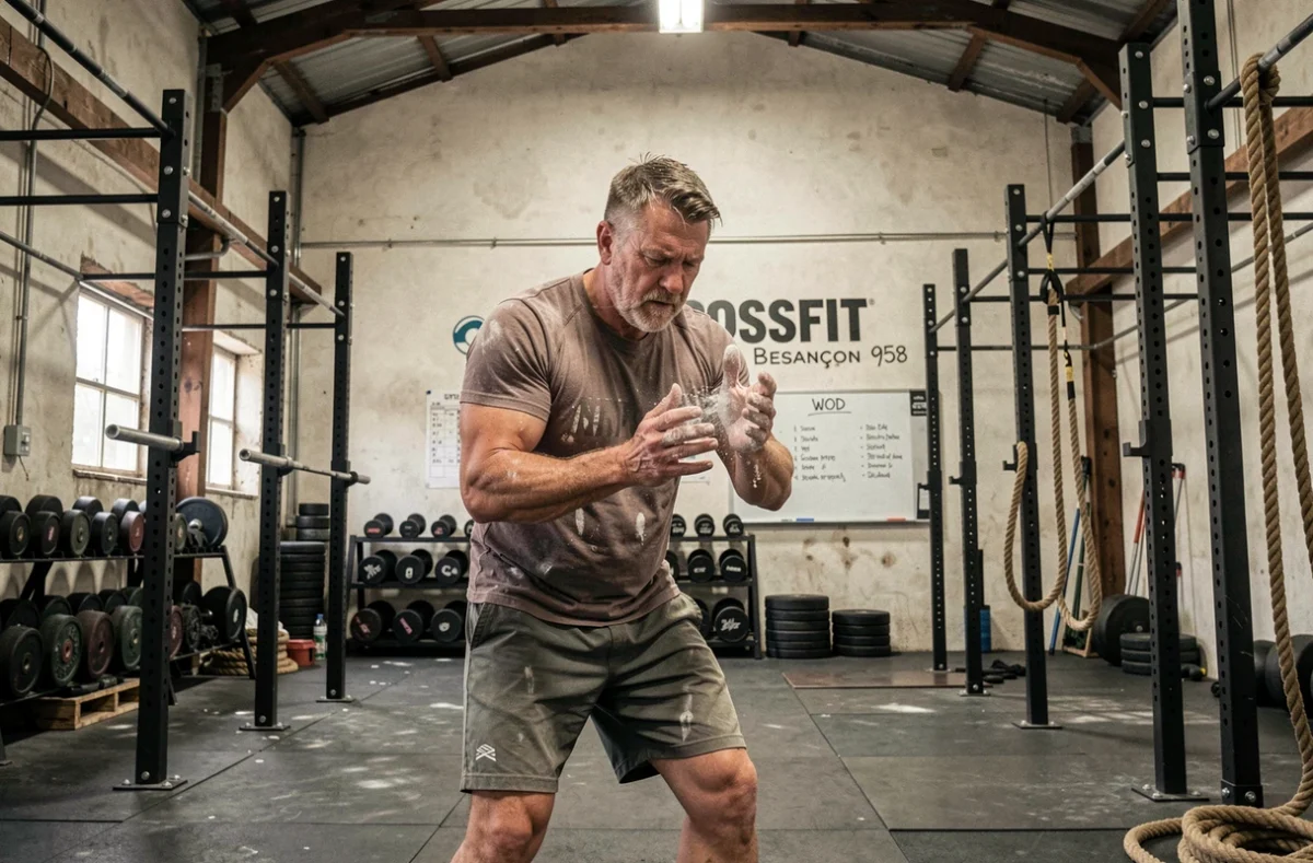 Box CrossFit Besançon 958 avec racks à barres, bumper plates et équipements fonctionnels style entrepôt