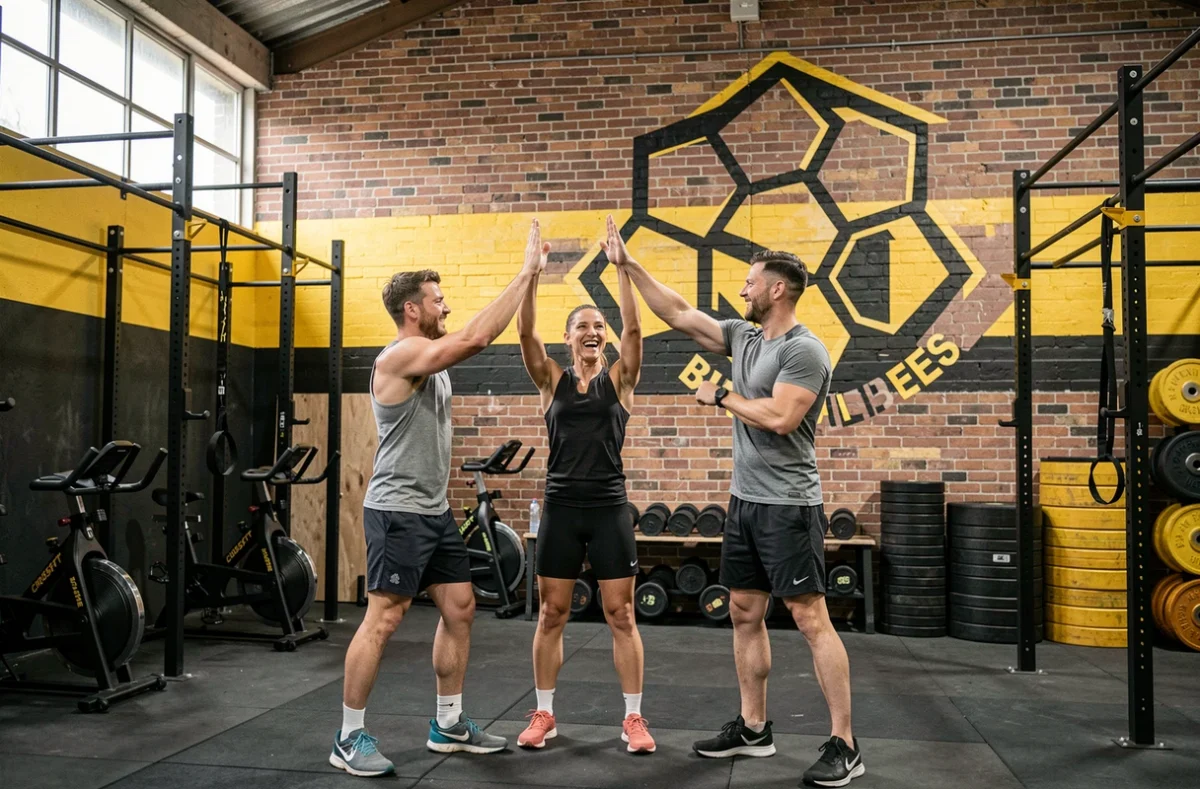 CrossFit BumbleBees à Besançon avec décor jaune et noir, athlètes en fin de WOD et ambiance communautaire chaleureuse